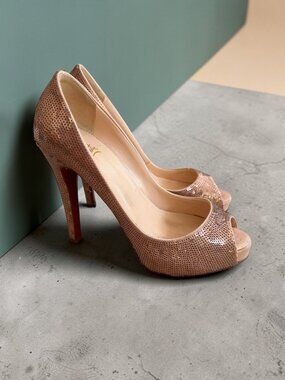 CHRISTIAN LOUBOUTIN Rose Gold Sequin Peeptoe Heels Size 37 / US 7